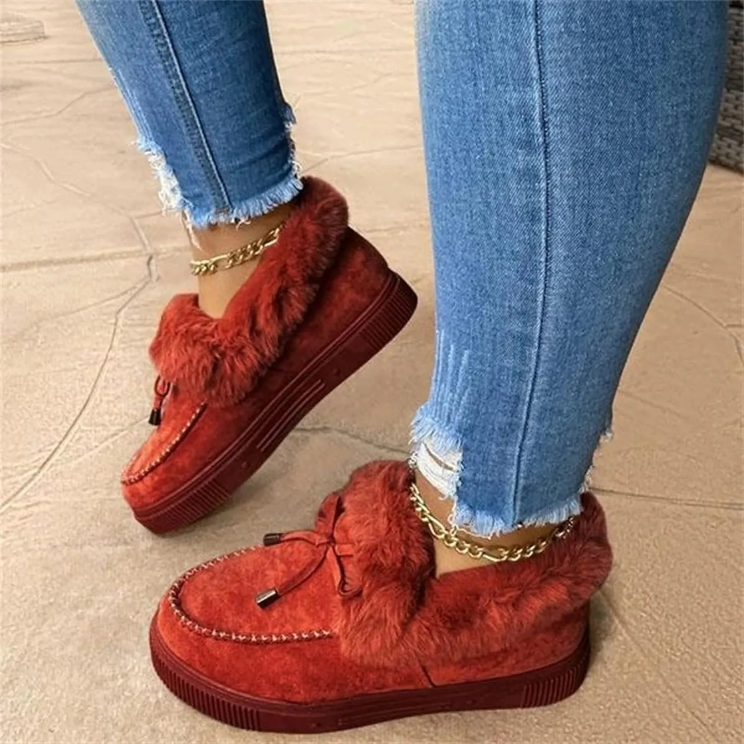 Ankle Boots For Women Comfy Casual Slip-on Warm Loafers Shoes Fur-Lined Comfortable Lightweight Winter Snow Boots