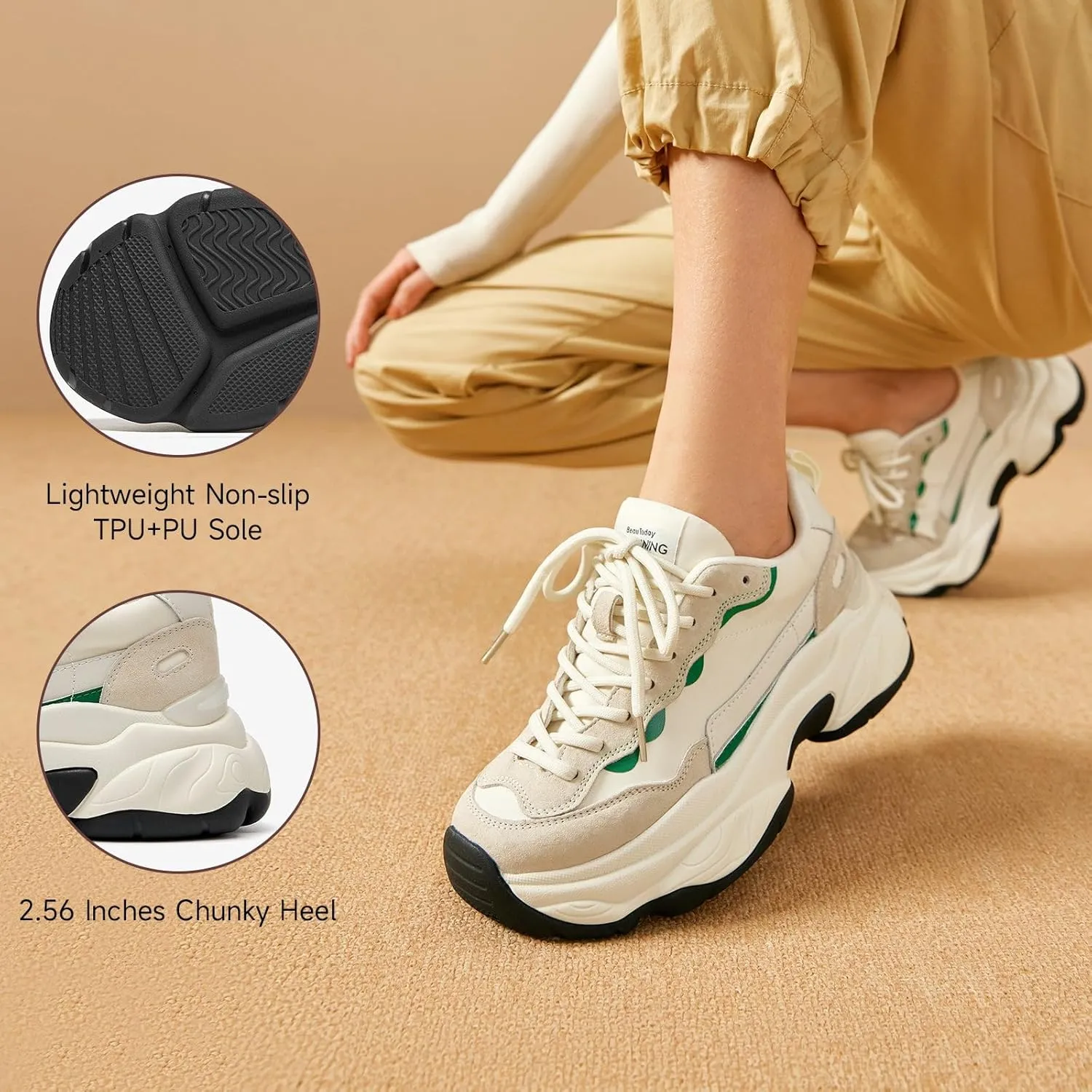 BEAU TODAY Womens Chunky Sneakers, Chunky Shoes for Women, Lace up Comfortable Fashion Dad Sneaker