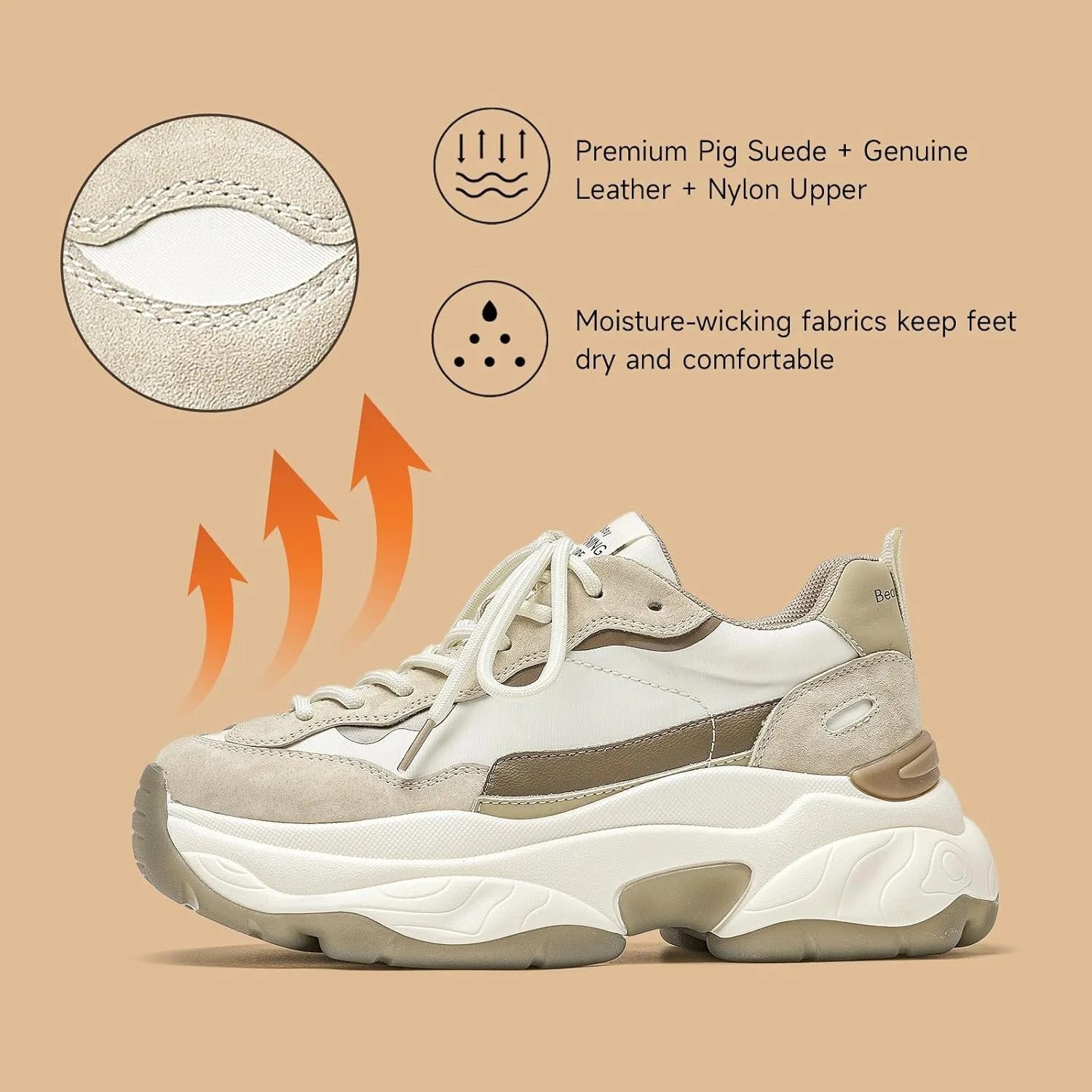 BEAU TODAY Womens Chunky Sneakers, Chunky Shoes for Women, Lace up Comfortable Fashion Dad Sneaker