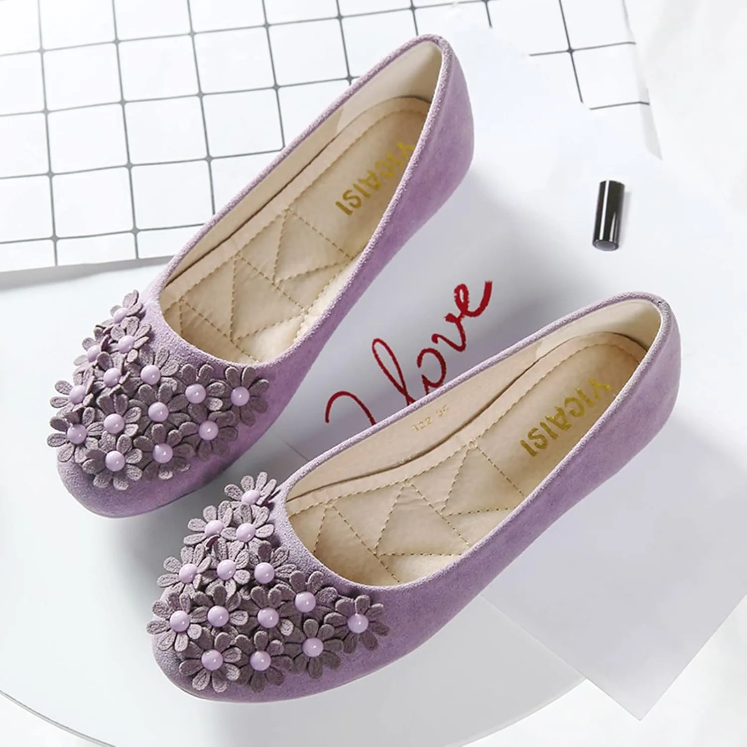 Business Casual Shoes Women Ladies Singles Shoes Flat Flower Pearl Decoration Casual Slip On Work