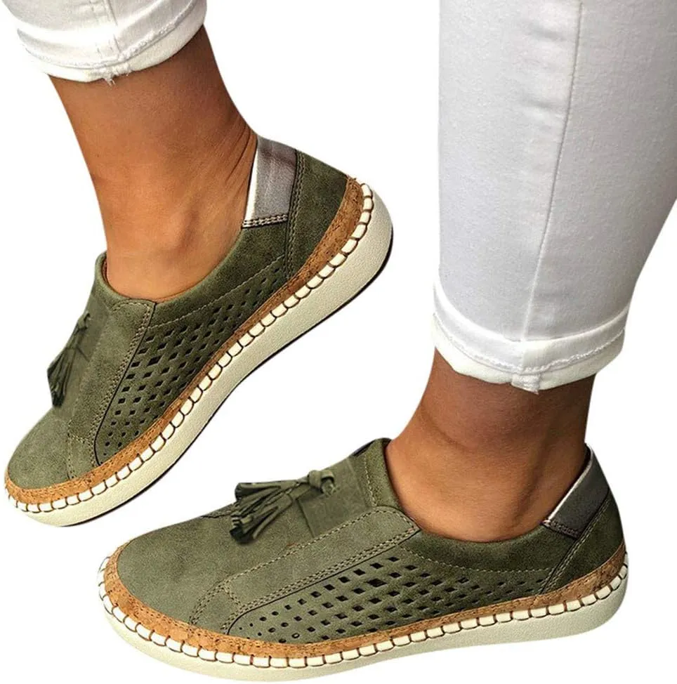 Business Casual Shoes Women's Fashion Fringe Hollow-Out Round Toe Slip On Shoes Flat with