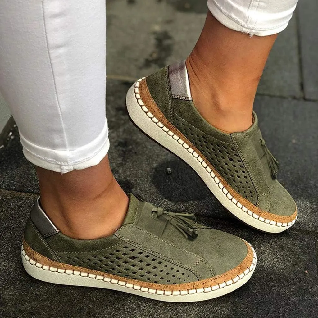 Business Casual Shoes Women's Fashion Fringe Hollow-Out Round Toe Slip On Shoes Flat with
