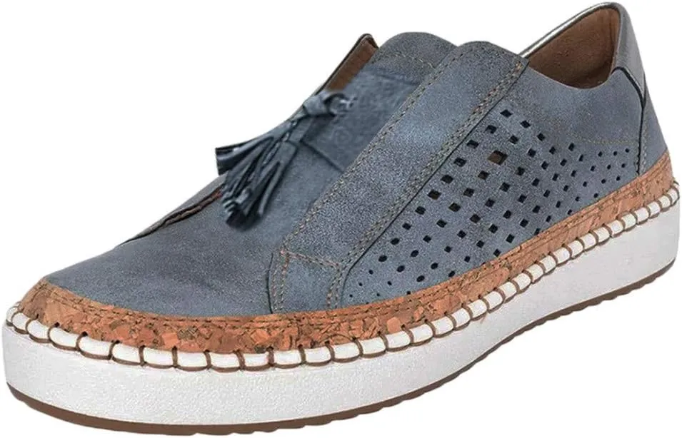 Business Casual Shoes Women's Fashion Fringe Hollow-Out Round Toe Slip On Shoes Flat with