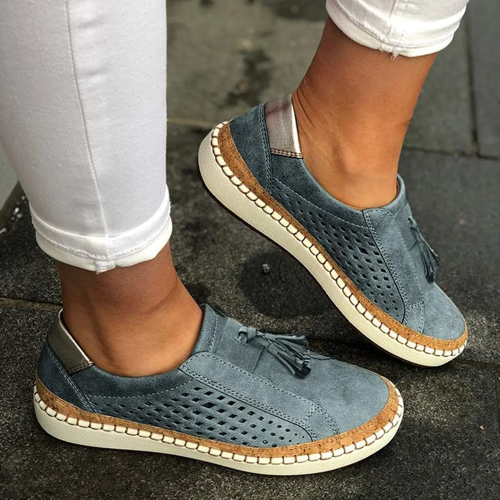 Business Casual Shoes Women's Fashion Fringe Hollow-Out Round Toe Slip On Shoes Flat with