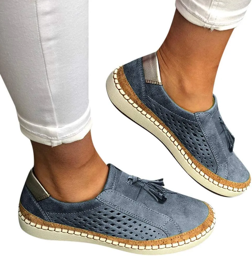 Business Casual Shoes Women's Fashion Fringe Hollow-Out Round Toe Slip On Shoes Flat with