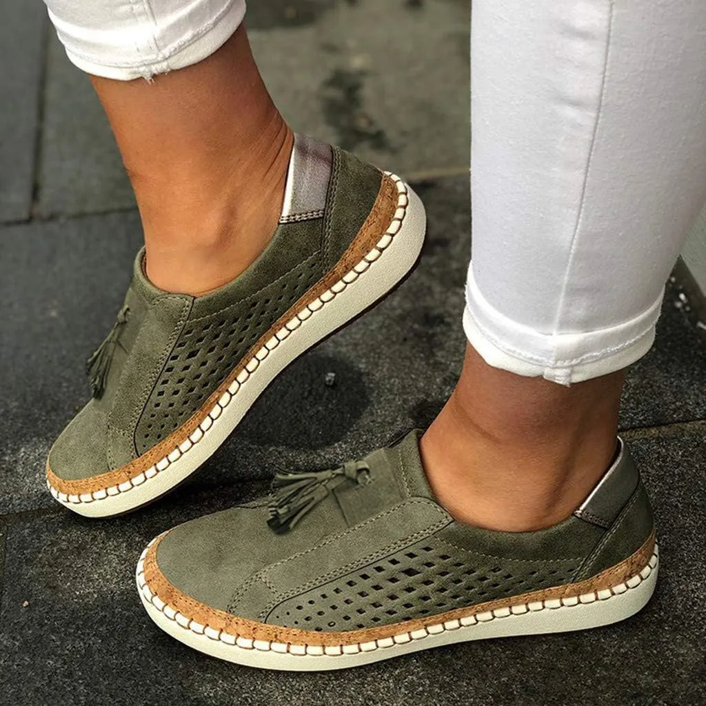Business Casual Shoes Women's Fashion Fringe Hollow-Out Round Toe Slip On Shoes Flat with