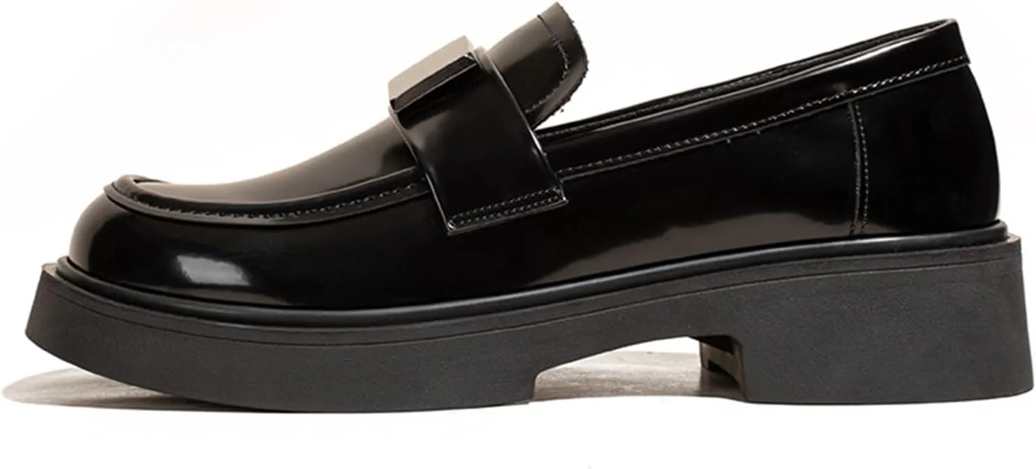 Classic Black Platform Loafers with Round Toe, Metal Buckle, and Chunky Heel - Classic Style Slip-On Shoes for Women