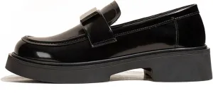 Classic Black Platform Loafers with Round Toe, Metal Buckle, and Chunky Heel - Classic Style Slip-On Shoes for Women