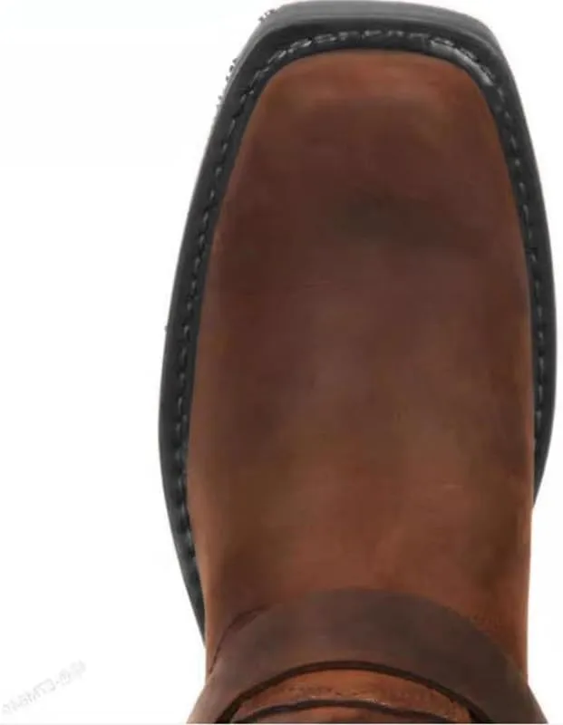 Cowboy Boots Men Western Boots Square Toe With Low Heel Non-Slip Wear-Resistant Heel Retro Work Boots Dress Shoes