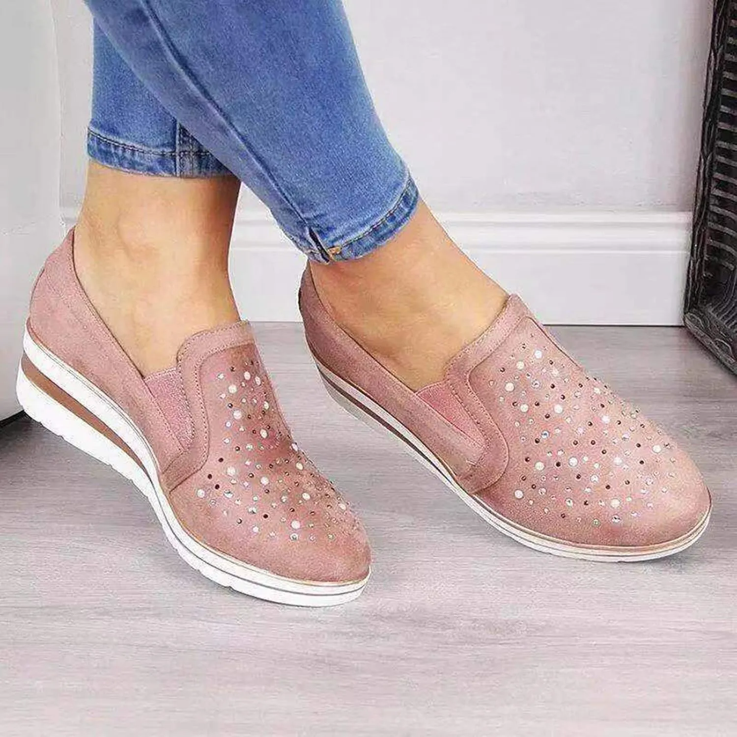 Cute Loafers Slip On Ballet Flat Shoes Casual Loafers Shoes Women Bling Ladies Crystal Platform Women's Wedges