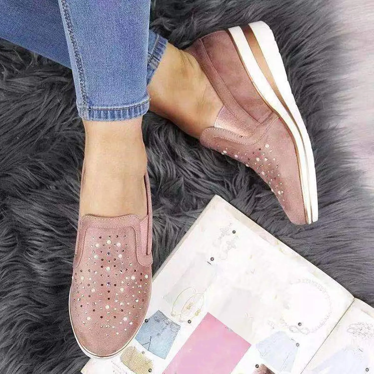 Cute Loafers Slip On Ballet Flat Shoes Casual Loafers Shoes Women Bling Ladies Crystal Platform Women's Wedges
