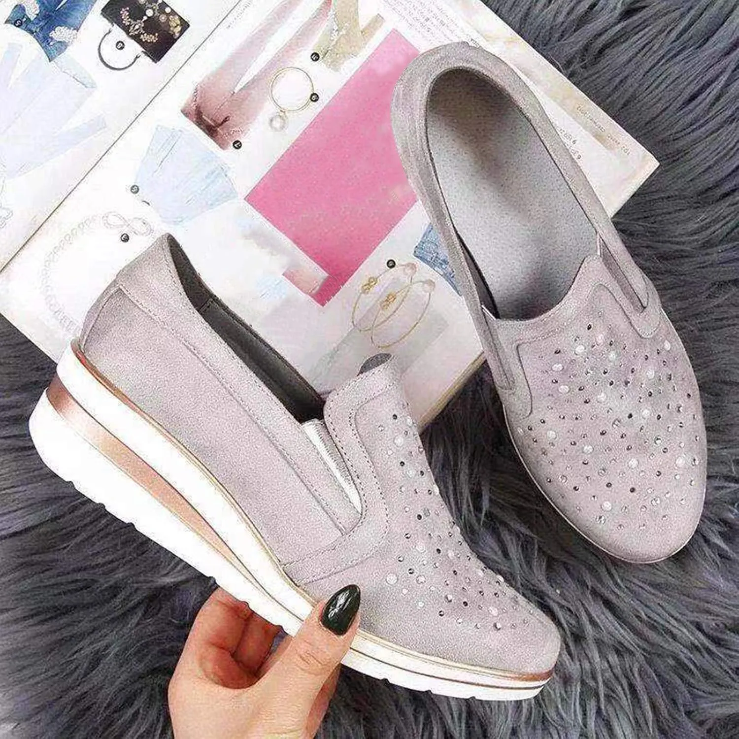 Cute Loafers Slip On Ballet Flat Shoes Casual Loafers Shoes Women Bling Ladies Crystal Platform Women's Wedges