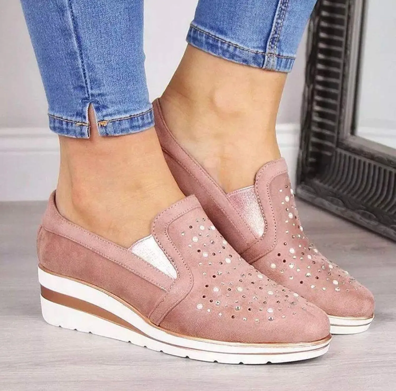 Cute Loafers Slip On Ballet Flat Shoes Casual Loafers Shoes Women Bling Ladies Crystal Platform Women's Wedges