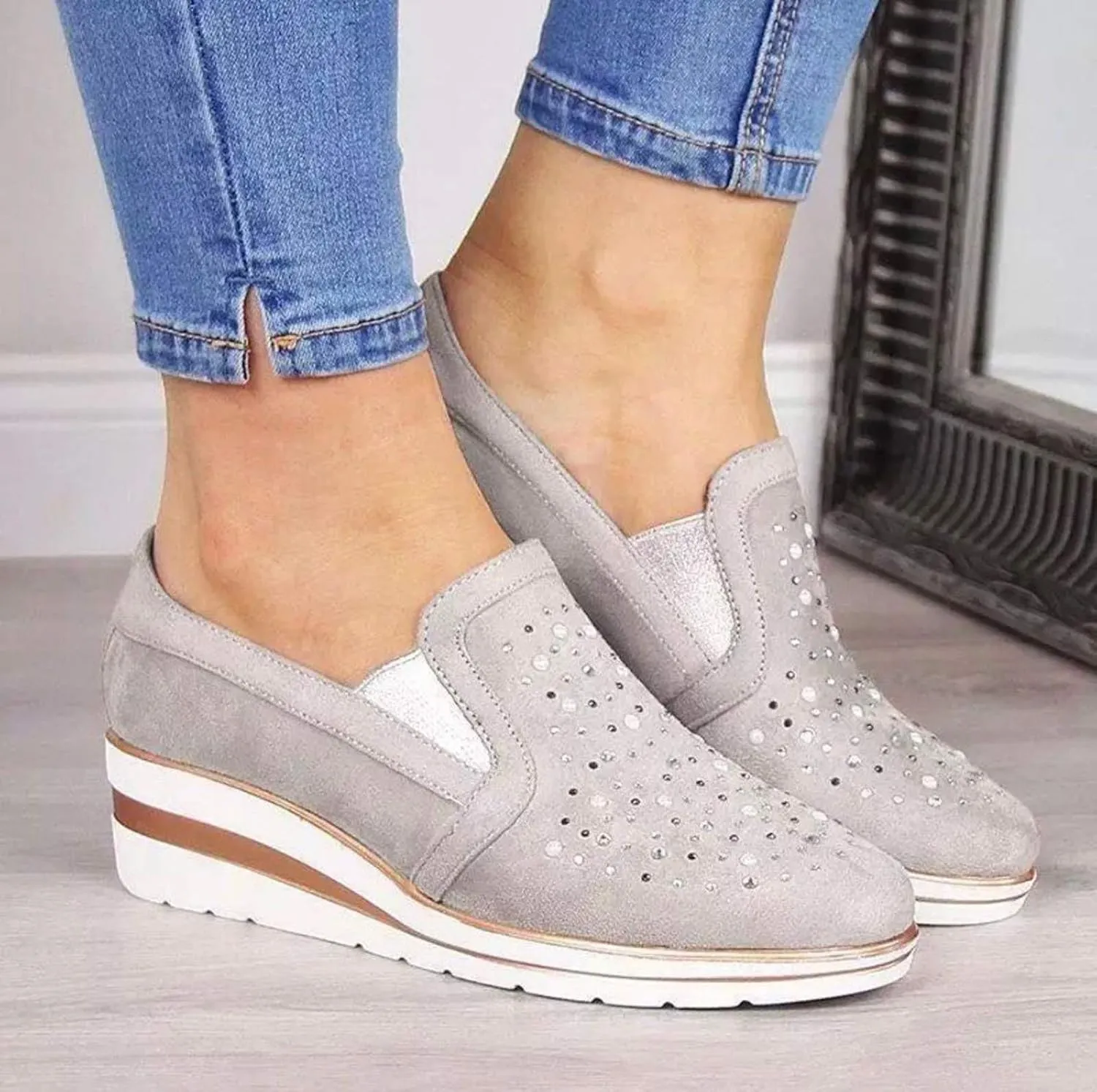 Cute Loafers Slip On Ballet Flat Shoes Casual Loafers Shoes Women Bling Ladies Crystal Platform Women's Wedges
