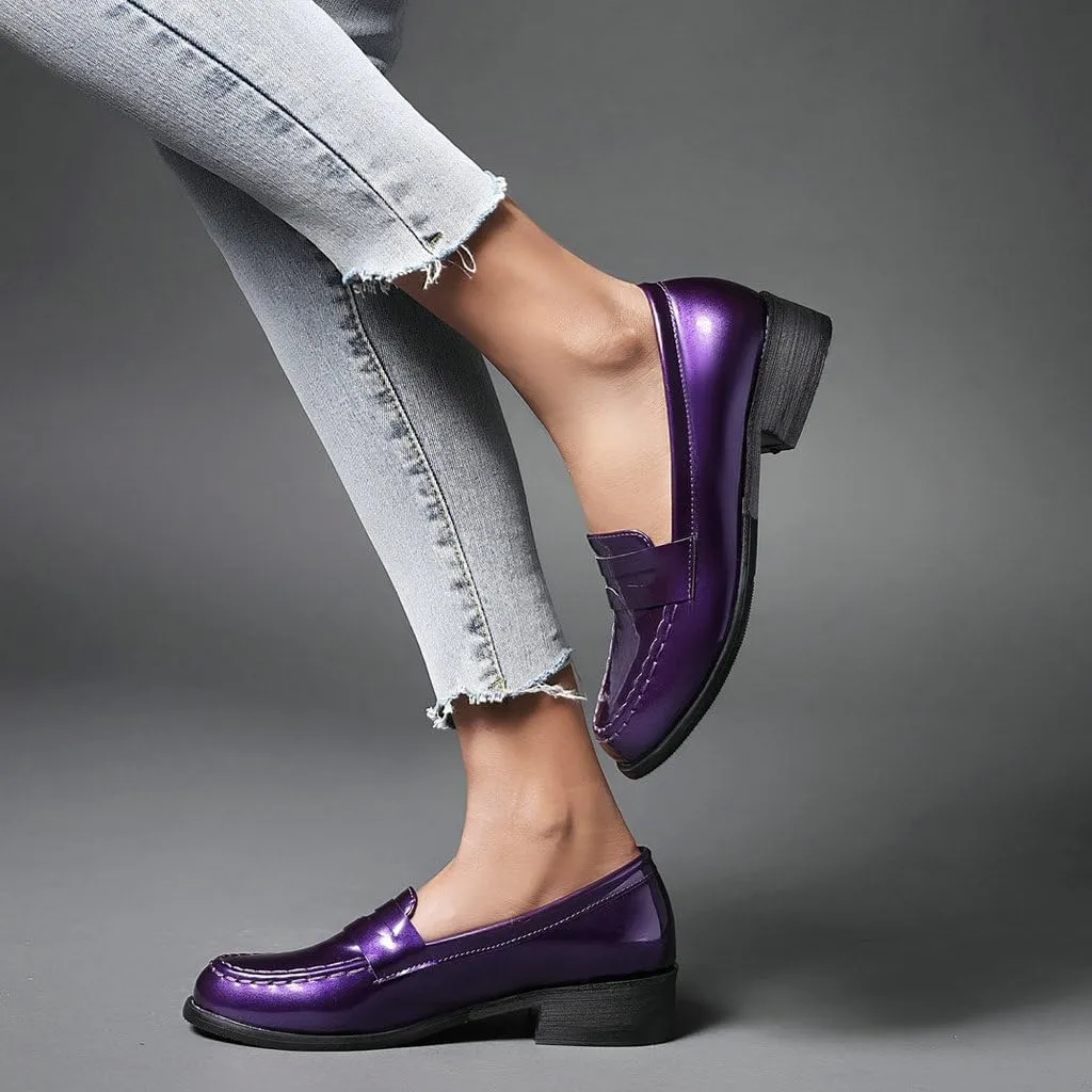 DINTAHA Patent Leather Loafers for Women Chunky Low Heel Loafers Slip On Casual Shoes