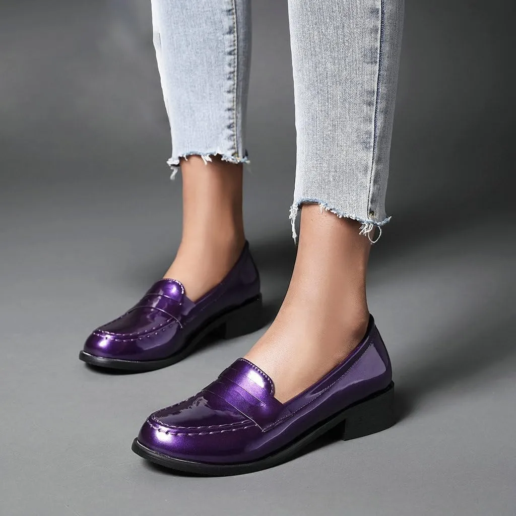DINTAHA Patent Leather Loafers for Women Chunky Low Heel Loafers Slip On Casual Shoes