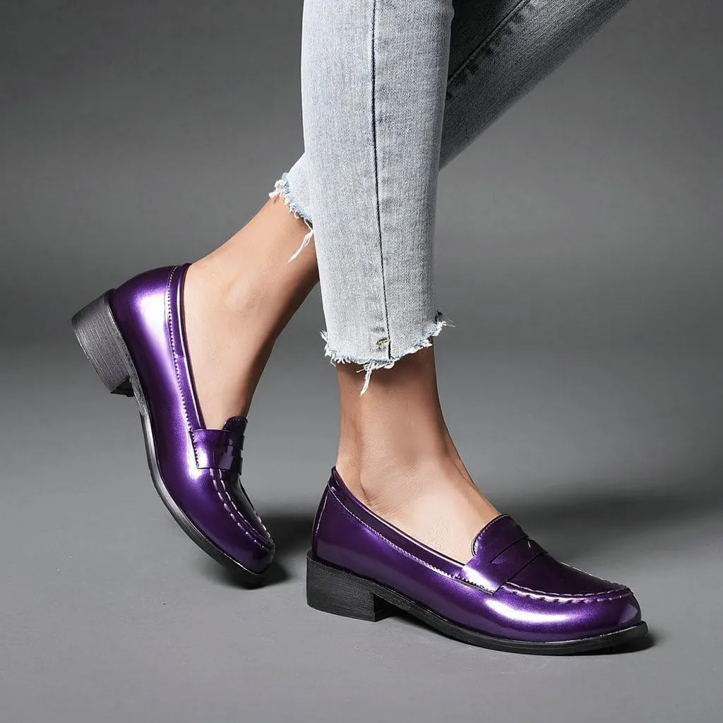 DINTAHA Patent Leather Loafers for Women Chunky Low Heel Loafers Slip On Casual Shoes