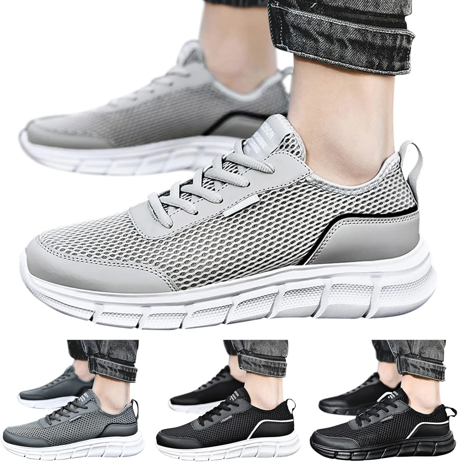 Fashion Spring and Summer Men Sports Shoes Flat Lightweight Mesh Breathable Lace Up Solid Color Casual Sneaker Men