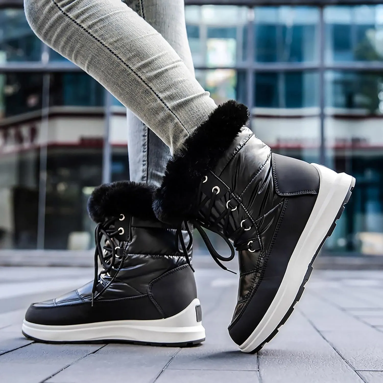 Fashion Women Winter Water Proof Flat Lace Up Keep Warm Snow Boots Comfortable Mid Boots Shoes Flat Snow Boots for Women