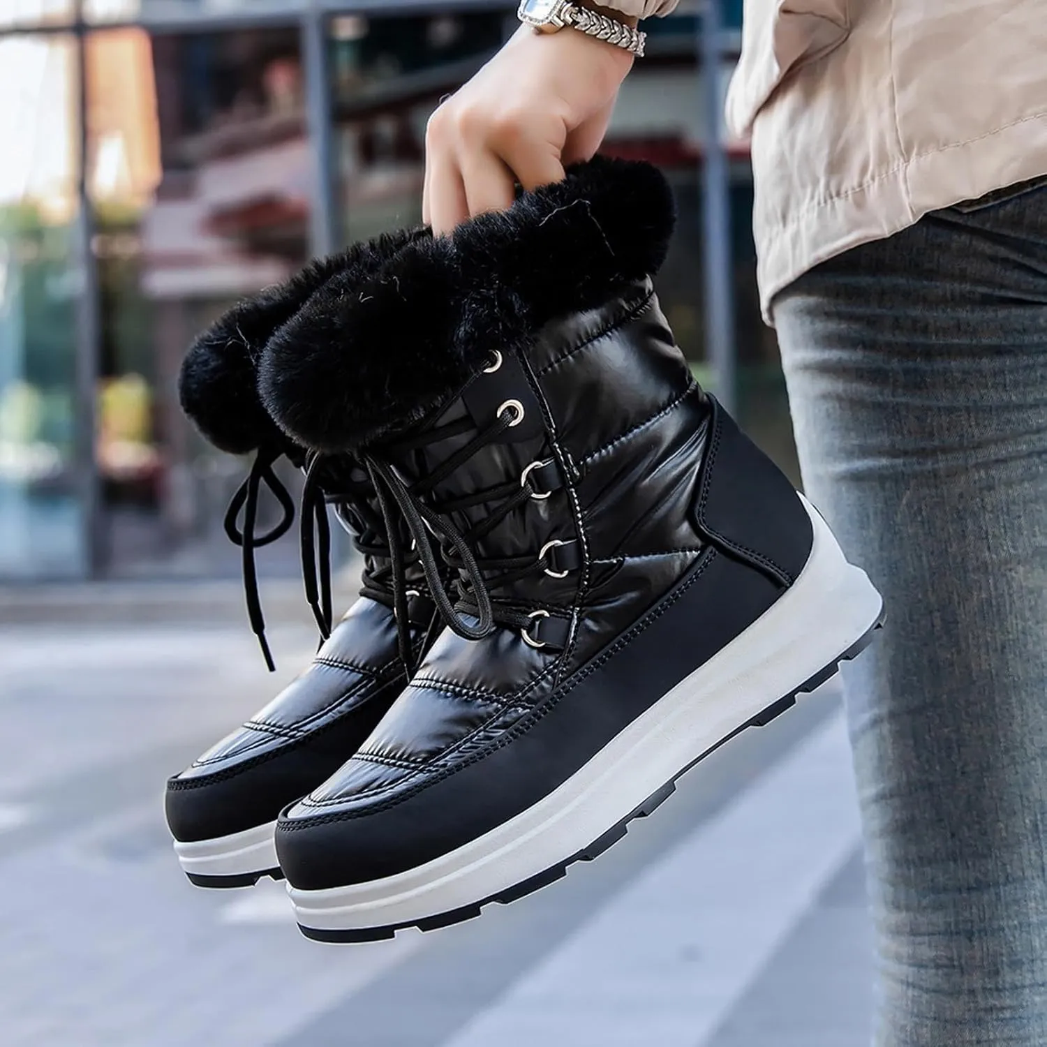 Fashion Women Winter Water Proof Flat Lace Up Keep Warm Snow Boots Comfortable Mid Boots Shoes Flat Snow Boots for Women