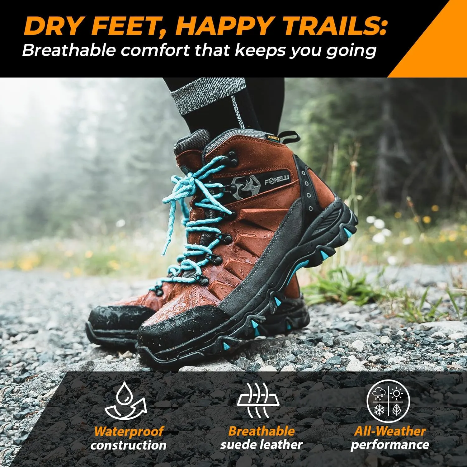 Foxelli Womens Hiking Boots - Waterproof Lightweight & Breathable Suede Leather