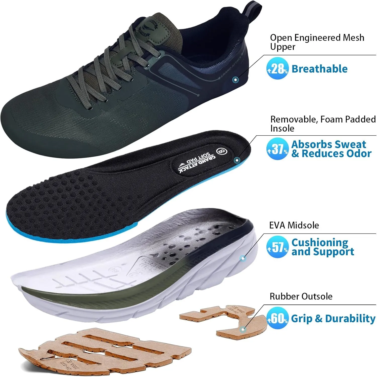 Grand Attack Men's Road Running Walking Shoes | Max Cushioned Comfort | Durable Non-Slip | Breathable Athletic Tennis Cross-Training Sneakers