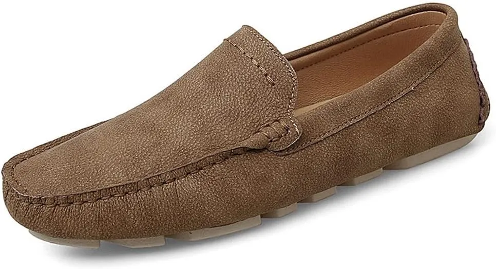 HOOENG Loafer Shoes Driving Moccasins for Men Genuine Leather Stitching Details Round Toe Rubber Sole Simple Resistant Anti-Slip Flexible Lightweight