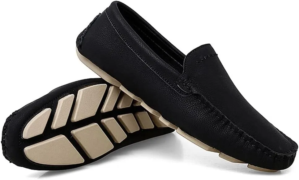 HOOENG Loafer Shoes Driving Moccasins for Men Genuine Leather Stitching Details Round Toe Rubber Sole Simple Resistant Anti-Slip Flexible Lightweight