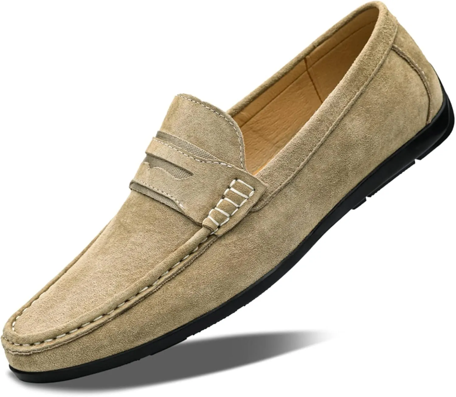 HOOENG Smoking Loafer Driving Moccasins for Men Genuine Leather Penny Loafer Suede Vamp Stitching Details Round Toe Resistant Anti-Slip Lightweight Flexible