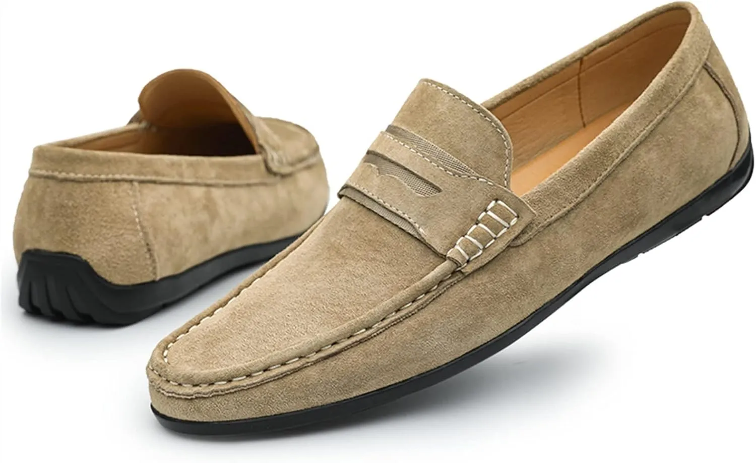 HOOENG Smoking Loafer Driving Moccasins for Men Genuine Leather Penny Loafer Suede Vamp Stitching Details Round Toe Resistant Anti-Slip Lightweight Flexible