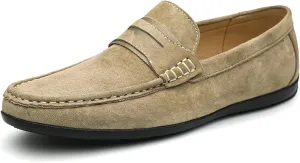 HOOENG Smoking Loafer Driving Moccasins for Men Genuine Leather Penny Loafer Suede Vamp Stitching Details Round Toe Resistant Anti-Slip Lightweight Flexible
