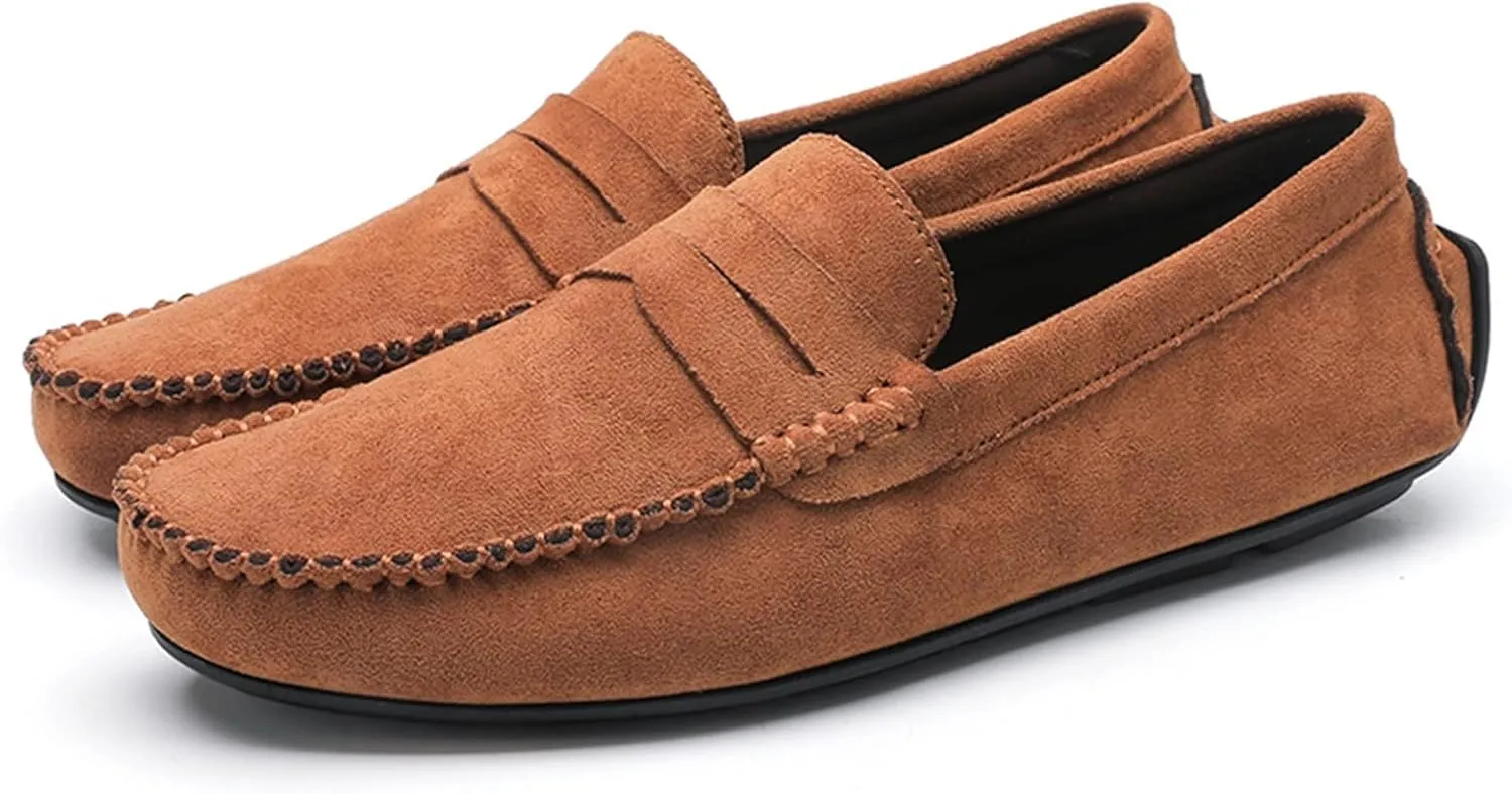 HOOENG Smoking Loafer for Men Suede Vamp Penny Loafer Stitching Details Round Toe Resistant Flexible Anti-Slip Outdoor Slip on