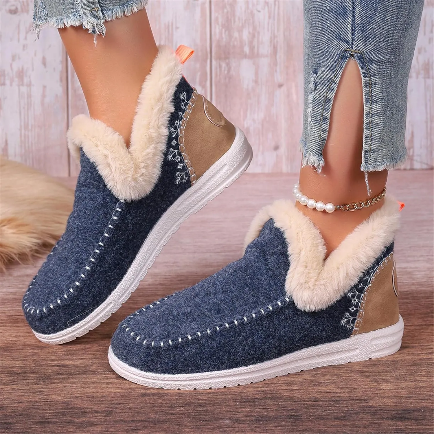 Ladmiple Booties For Women 2024 Snow Warm Ankle Boots Comfortable Slip On Outdoor Fur Lined Thickening Walking Winter Shoes