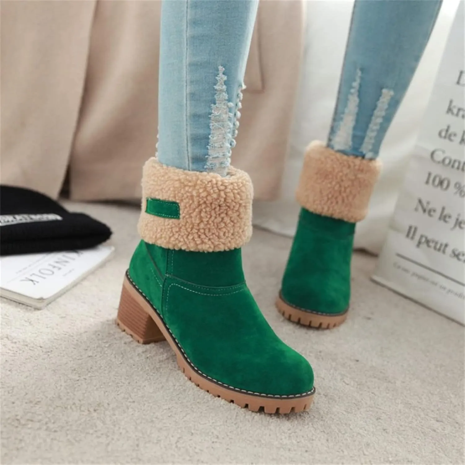 Ladmiple Snow Boots For Women 2023 Trendy Winter Warm Mid Calf Ankle Booties Slip On Fur Lined Fashion Casual Walking Shoes