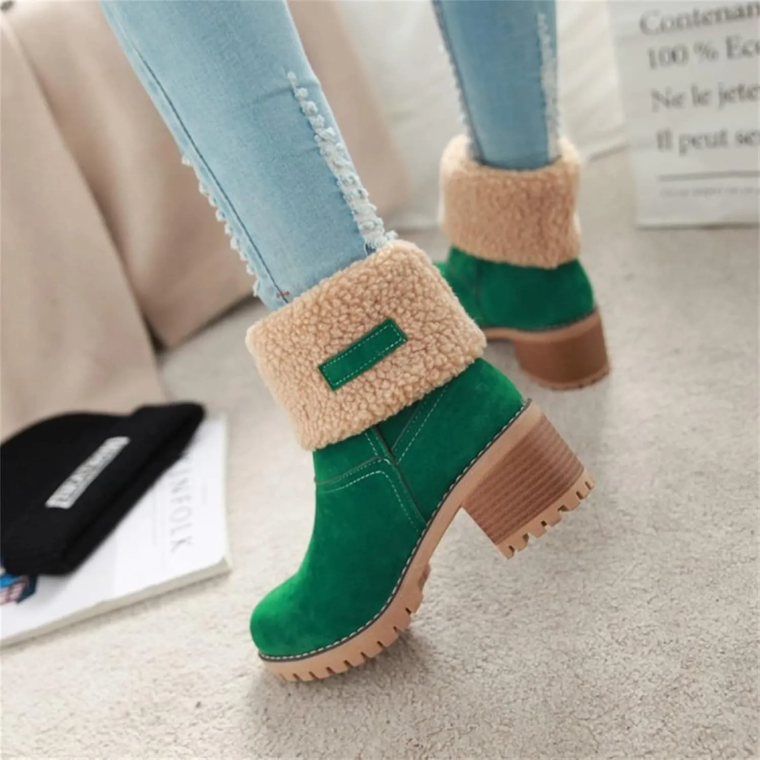 Ladmiple Snow Boots For Women 2023 Trendy Winter Warm Mid Calf Ankle Booties Slip On Fur Lined Fashion Casual Walking Shoes