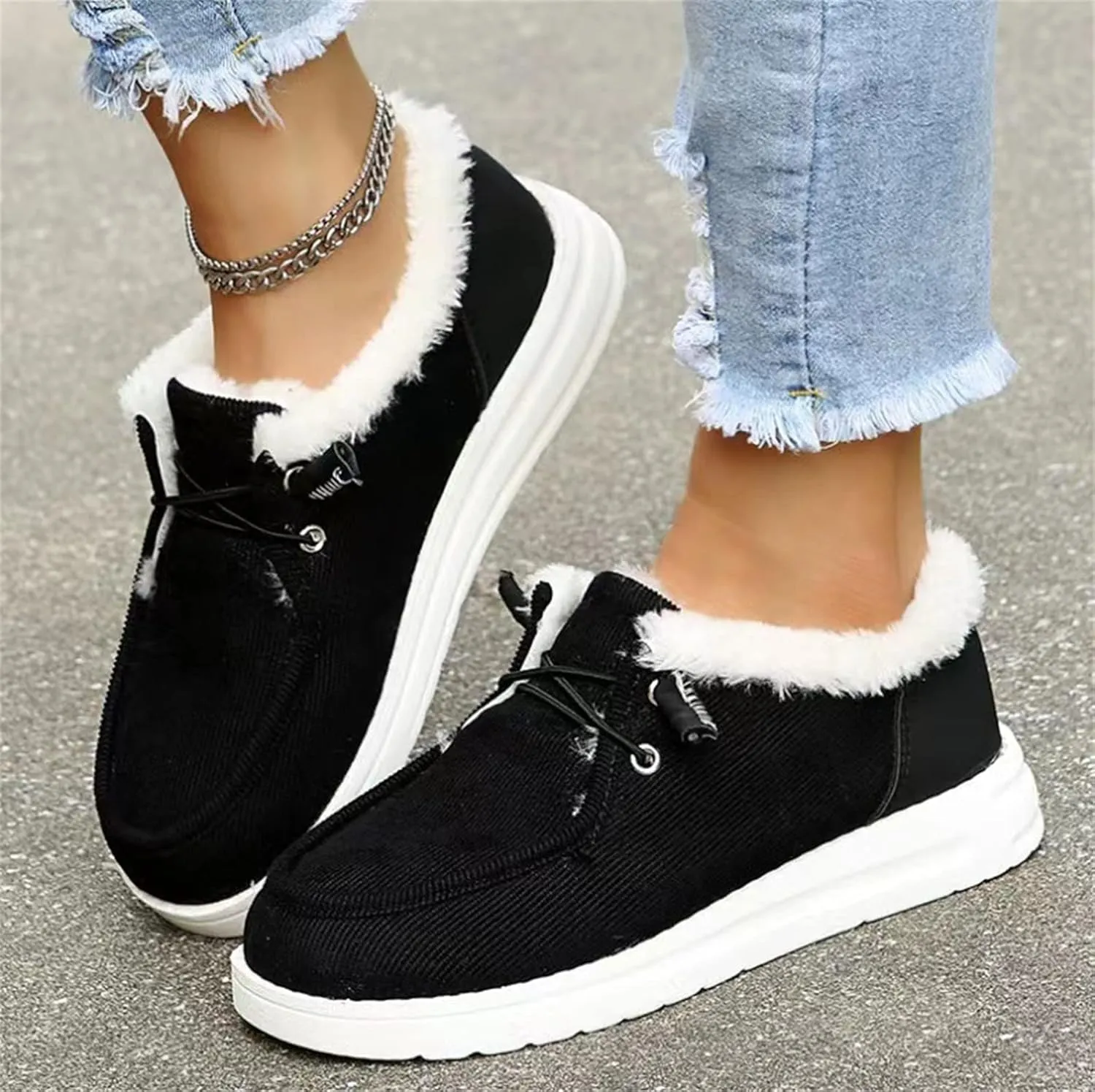 Lausiuoe Winter Boots For Women 2022 Trendy Warm Fuzzy Snow Ankle Booties Flat Cute Silp On Casual Loafers Sneakers