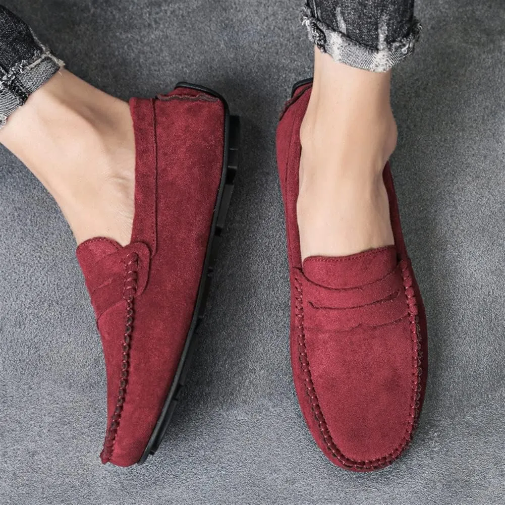 Loafer Shoes Driving Moccasins for Men Genuine Leather Round Toe Suede Vamp Penny Loafer Lightweight Anti-Slip Resistant Flat Heel Flexible Outdoor for Any Attire