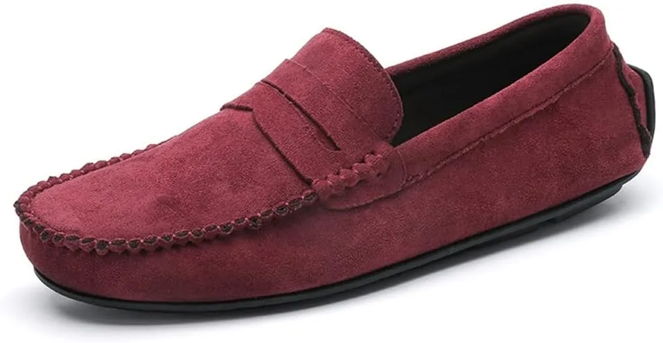 Loafer Shoes Driving Moccasins for Men Genuine Leather Round Toe Suede Vamp Penny Loafer Lightweight Anti-Slip Resistant Flat Heel Flexible Outdoor for Any Attire