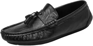 Men's Black Tassels Leather Loafers Classic Fashion Flats Slip-On Smoking Loafers Business Casual Formal Work Shoes Non-Slip Comfortable Shoes