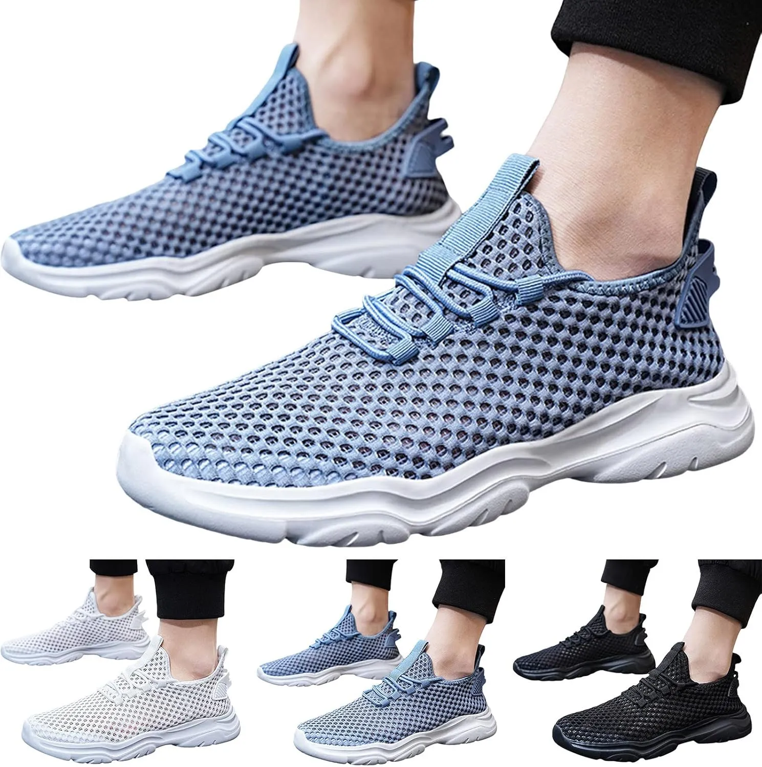 Mens Breathable Lace Up Running Shoes Breathable Elastic Fly Woven Mesh Sneaker Lightweight Work Shoes for Men