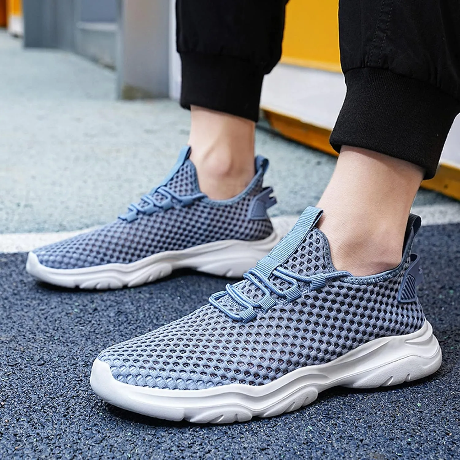 Mens Breathable Lace Up Running Shoes Breathable Elastic Fly Woven Mesh Sneaker Lightweight Work Shoes for Men