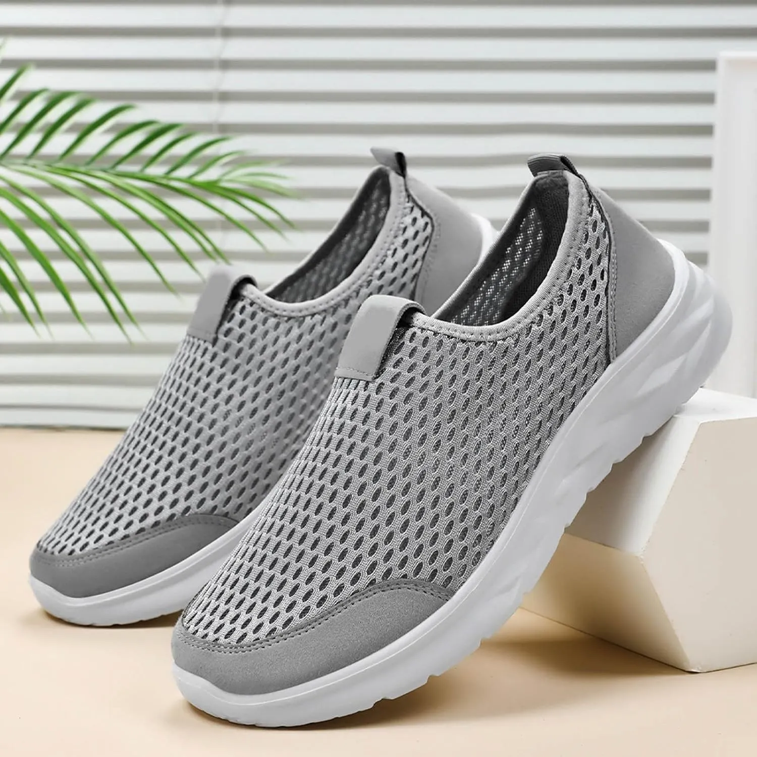 Mens Breathable Mesh Slip On Summer Sneakers Lightweight Comfortable Walking Shoes with Non Slip Sotf Sole for Running & Gym Workouts Men's Daily Work Black Shoes with Quick Drying Mesh