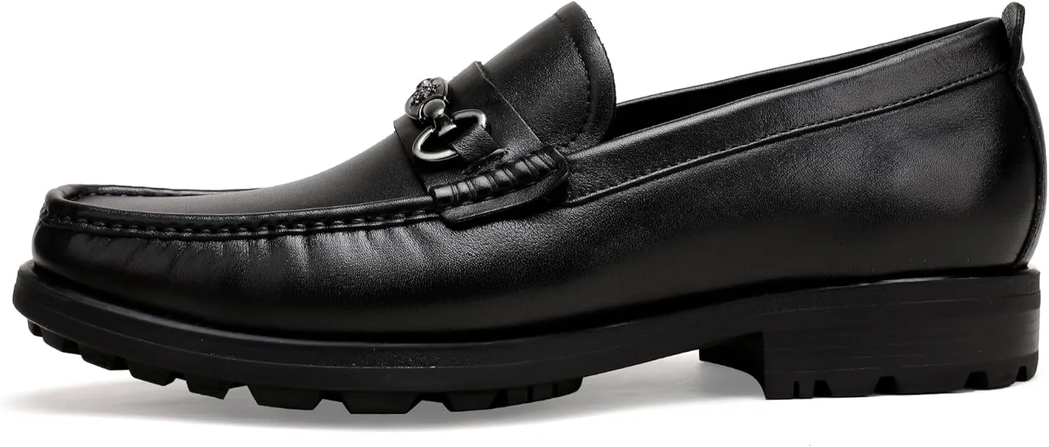 Men's Casual Slip On Loafers, Classic Leather Dress Shoes with Premium Buckle Moc-Toe Casual Shoes Banquets Weddings Shoes Slip-On Dress Penny Loafers