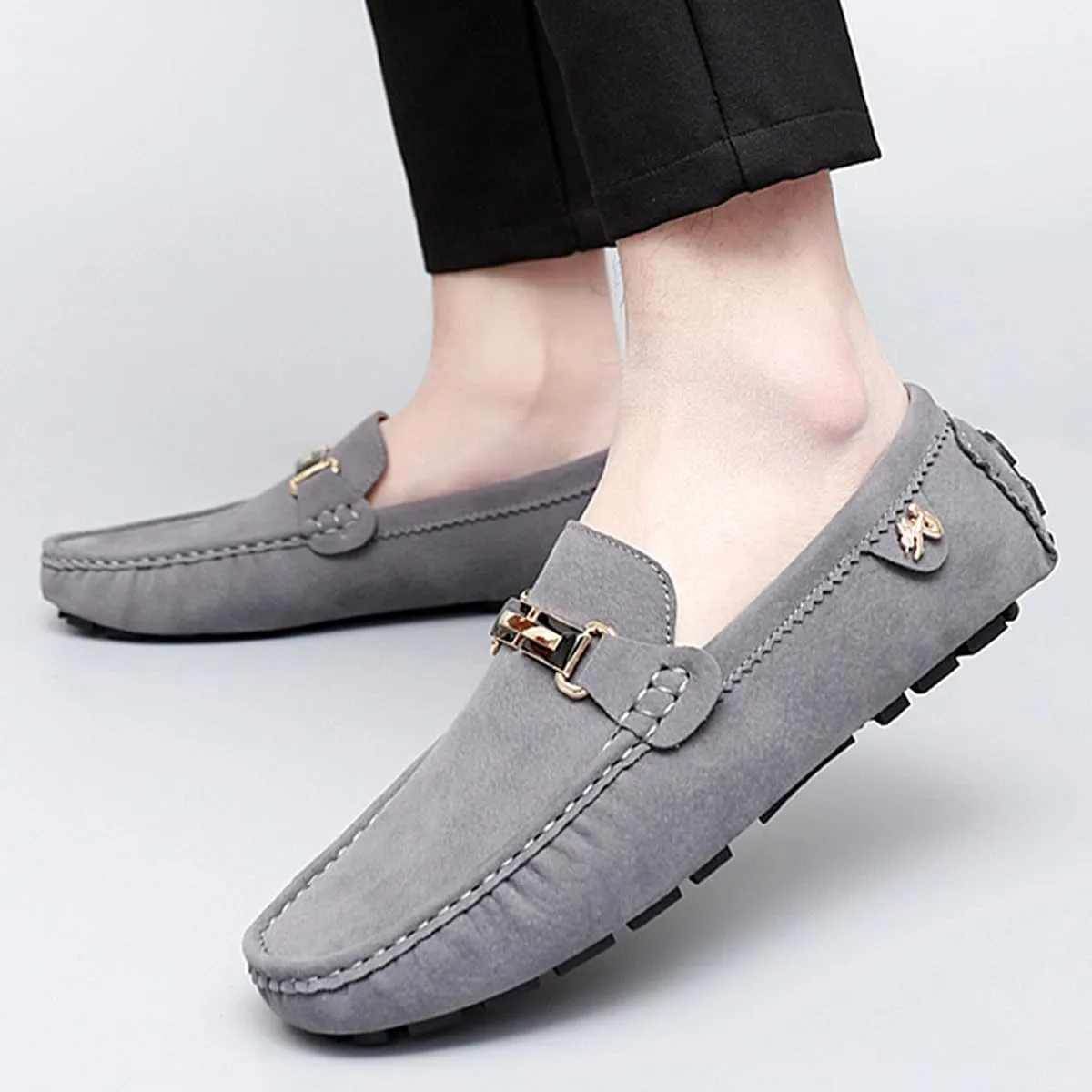 Men's Driving Loafers Black Slip-On with Suede Buckle Detail Moccasins