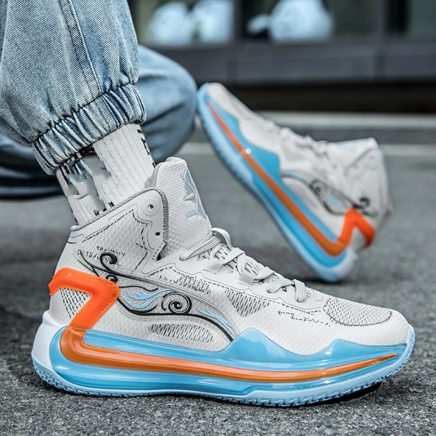 Mens Fashion Breathable Mesh High Top Lace Up Basketball Shoes Non Slip Lightweight Sport Sneakers for Walking Running Tennis Volleyball