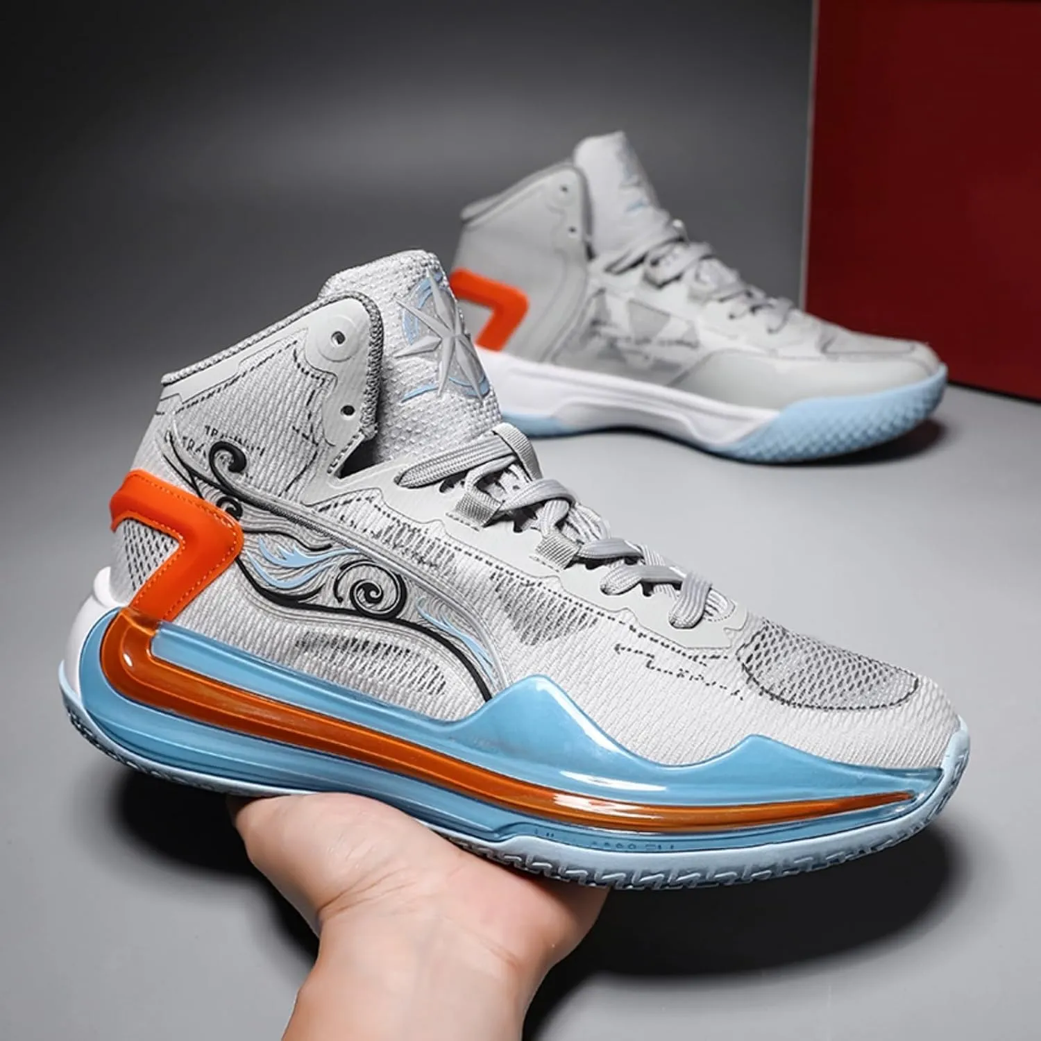 Mens Fashion Breathable Mesh High Top Lace Up Basketball Shoes Non Slip Lightweight Sport Sneakers for Walking Running Tennis Volleyball