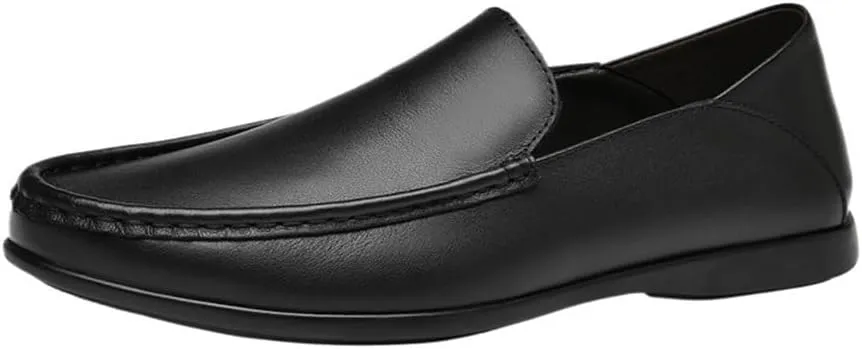 Mens Leather Loafers Solid Color Round Toe Anti Slip Comfortable Walking Shoes Outdoor Casual Lightweight Flexible