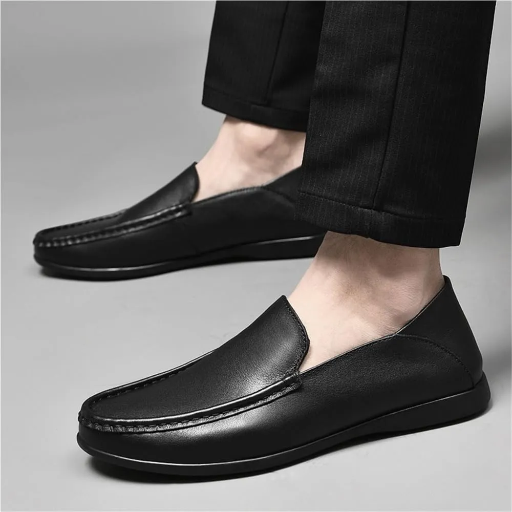 Mens Leather Loafers Solid Color Round Toe Anti Slip Comfortable Walking Shoes Outdoor Casual Lightweight Flexible