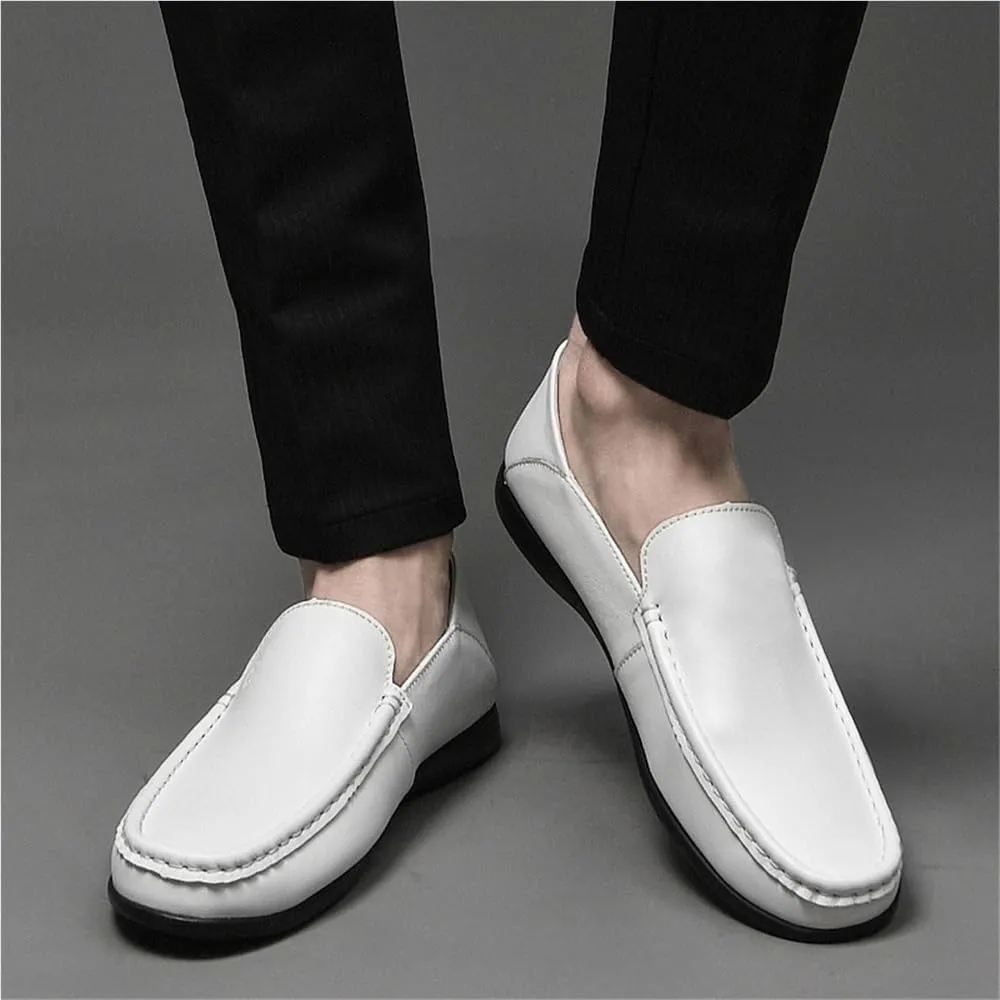 Mens Leather Loafers Solid Color Round Toe Anti Slip Comfortable Walking Shoes Outdoor Casual Lightweight Flexible