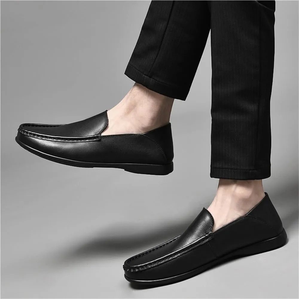 Mens Leather Loafers Solid Color Round Toe Anti Slip Comfortable Walking Shoes Outdoor Casual Lightweight Flexible